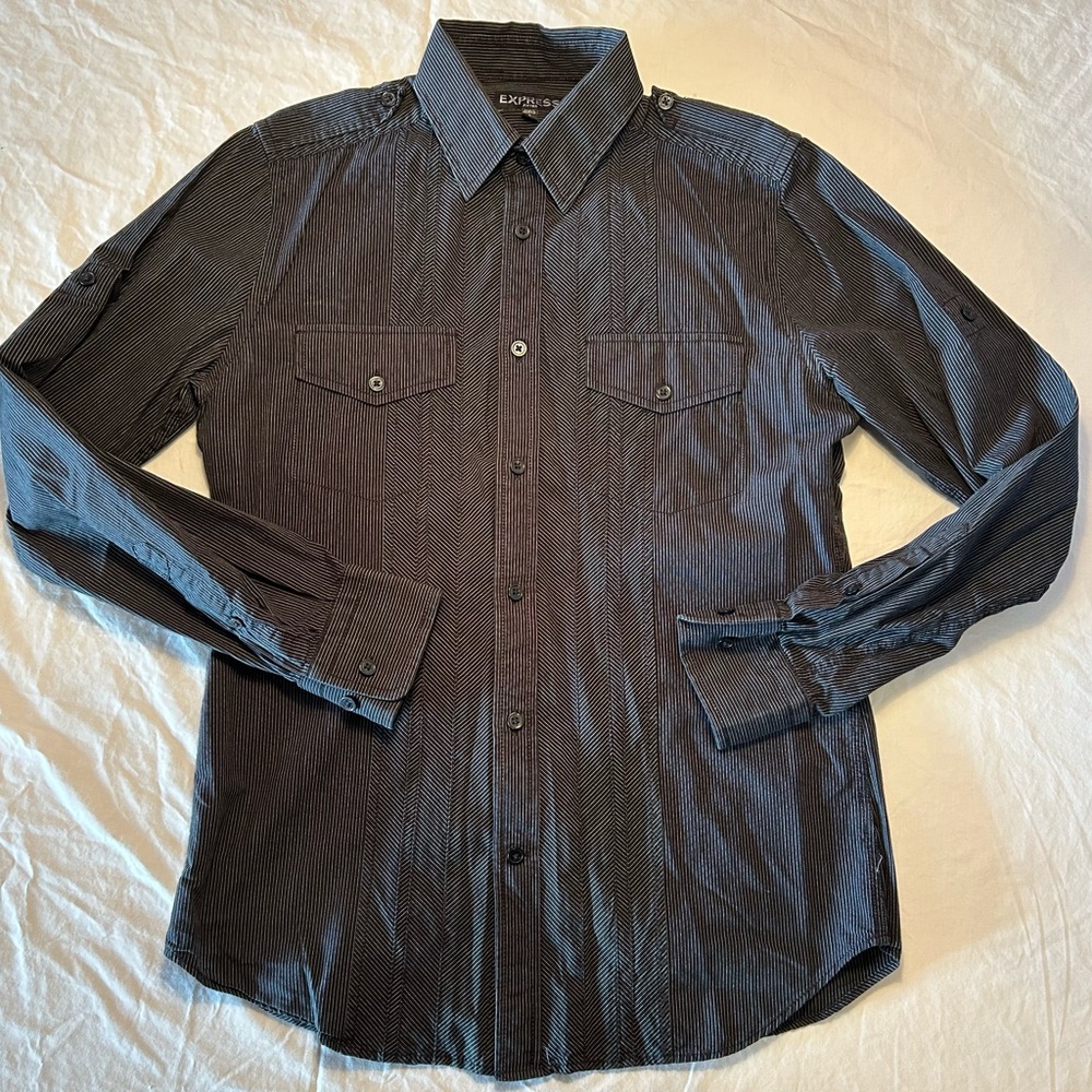 Express Black White Stripe Fitted Long Sleeve Button Up Shirt Men S 100% Cotton